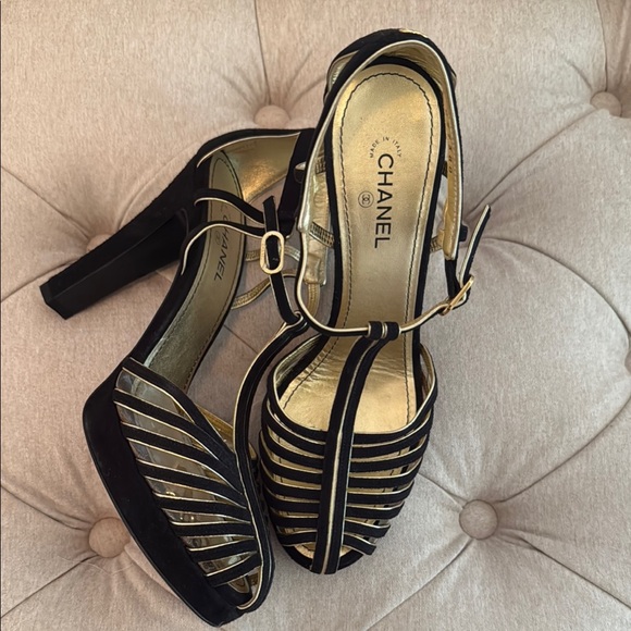 CHANEL Black Velvet and Gold Strappy Heels